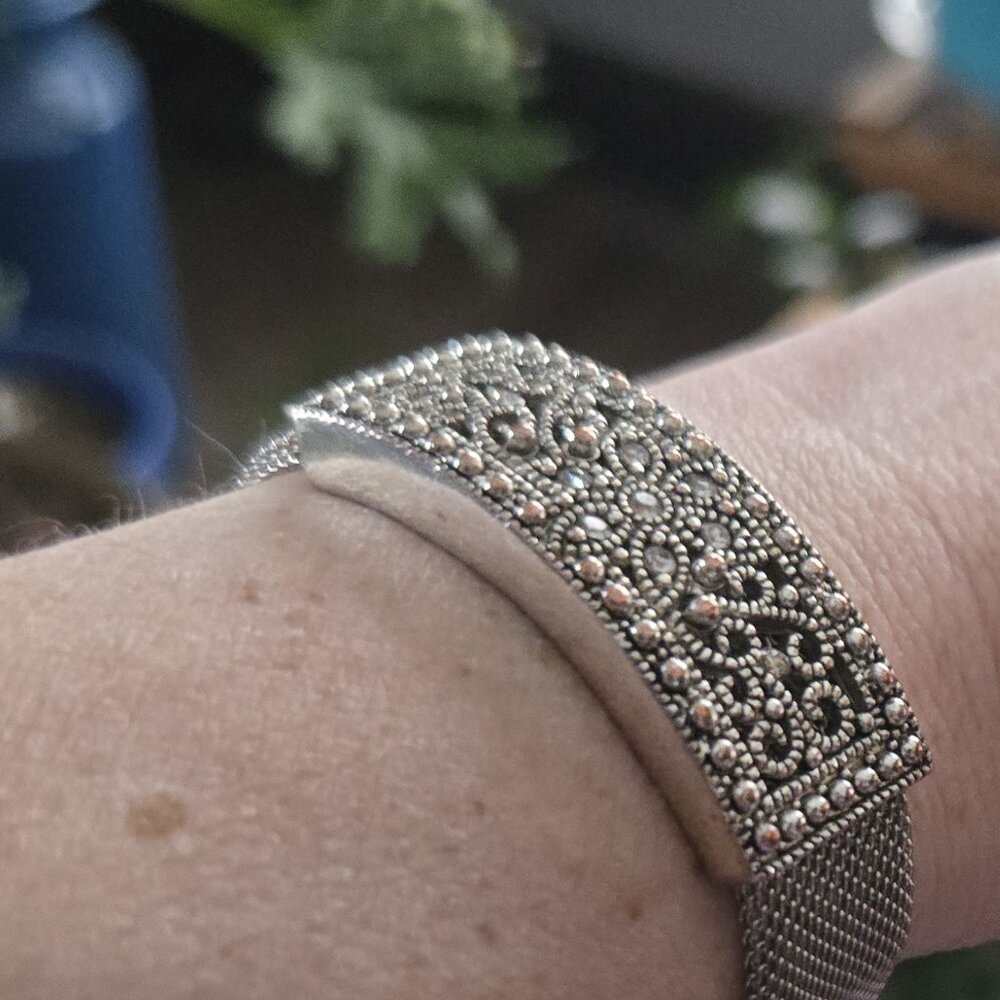 Vintage Style Marcasite & Silver-Tone Mesh Cuff Bracelet